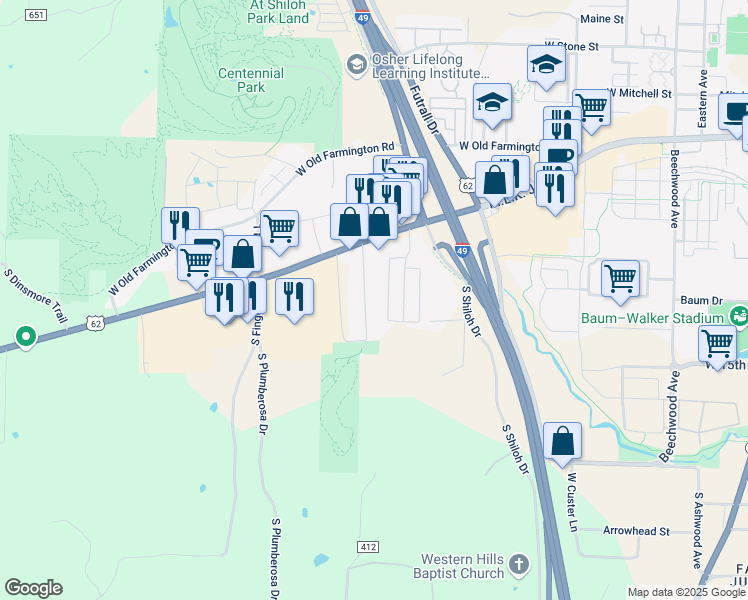 map of restaurants, bars, coffee shops, grocery stores, and more near 1294 Southeast Farmers Drive in Fayetteville