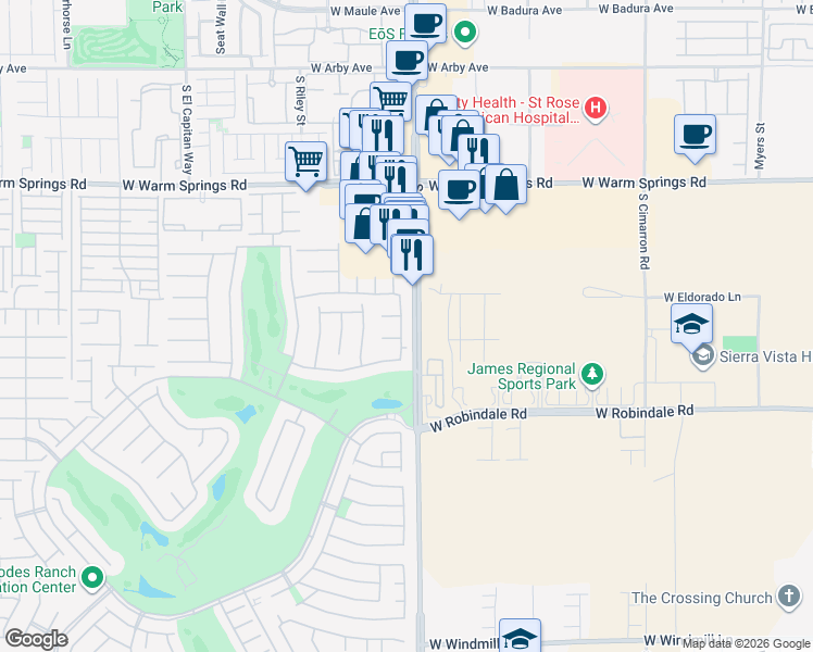 map of restaurants, bars, coffee shops, grocery stores, and more near 82 Cascade River Street in Las Vegas
