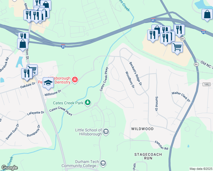 map of restaurants, bars, coffee shops, grocery stores, and more near 115 Aurora Road in Hillsborough