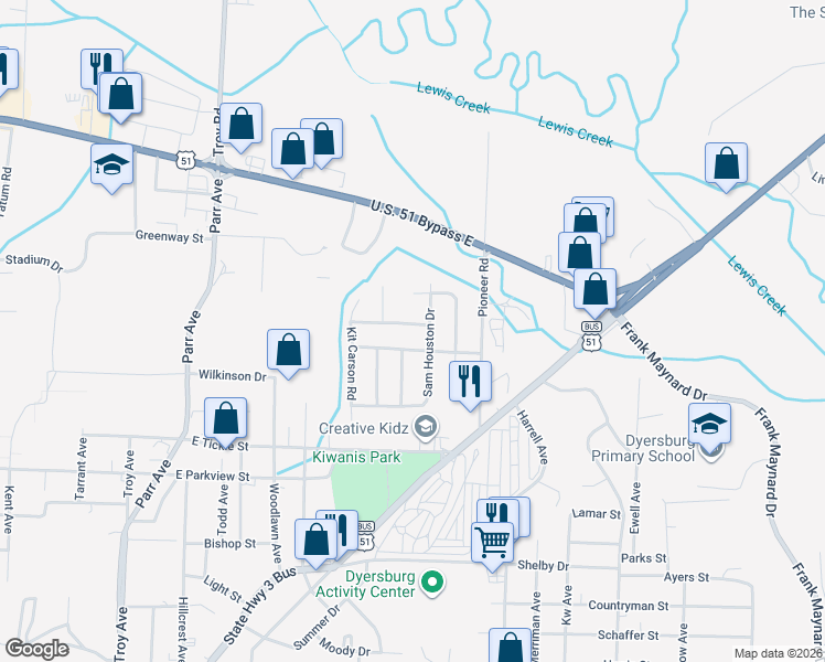 map of restaurants, bars, coffee shops, grocery stores, and more near 1019 Sam Davis Road in Dyersburg
