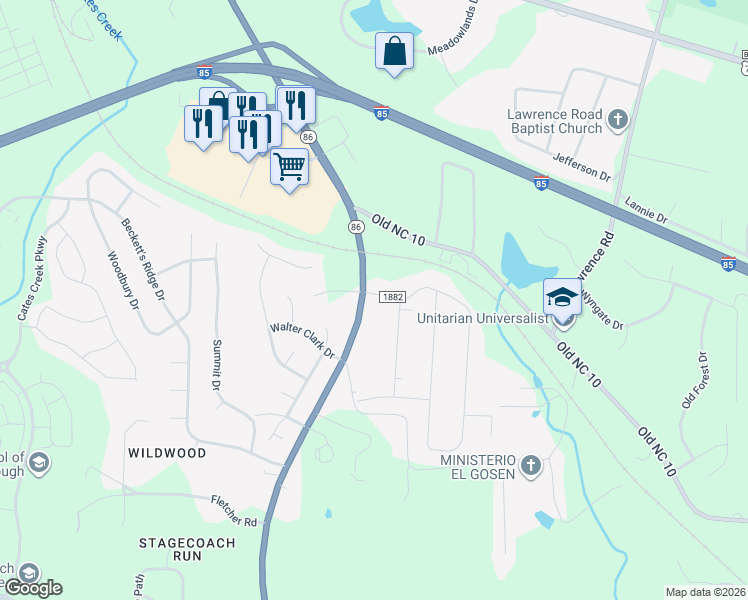 map of restaurants, bars, coffee shops, grocery stores, and more near 2304 North Carolina 86 in Hillsborough