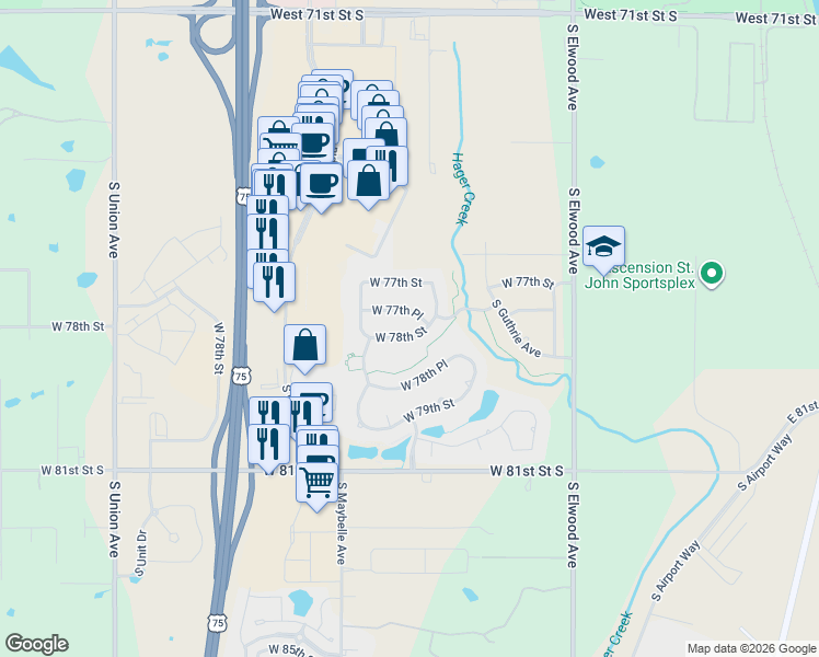map of restaurants, bars, coffee shops, grocery stores, and more near 655 West 78th Street in Tulsa