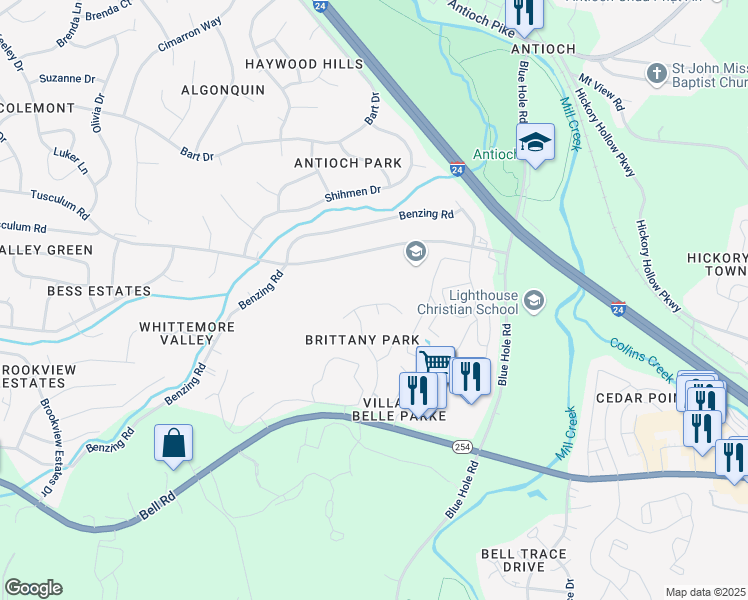 map of restaurants, bars, coffee shops, grocery stores, and more near 1152 Brittany Park Lane in Nashville