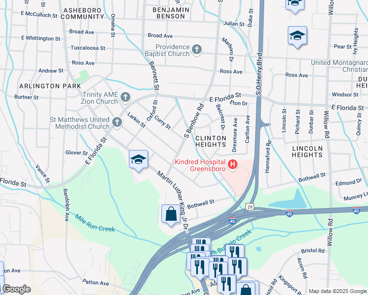 map of restaurants, bars, coffee shops, grocery stores, and more near 2005 South Benbow Road in Greensboro