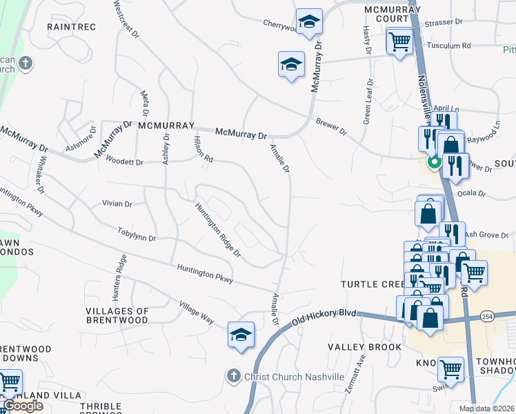 map of restaurants, bars, coffee shops, grocery stores, and more near 494 Huntington Ridge Drive in Nashville