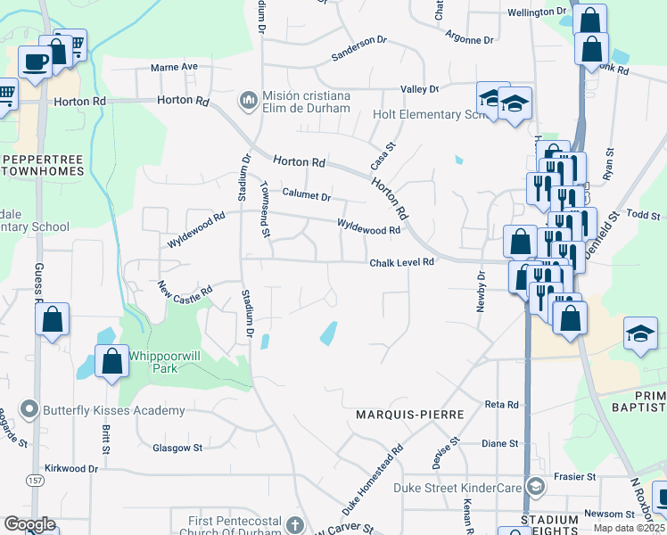 map of restaurants, bars, coffee shops, grocery stores, and more near 1006 Chalk Level Road in Durham