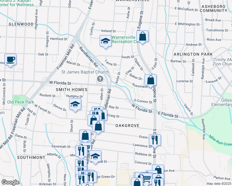 map of restaurants, bars, coffee shops, grocery stores, and more near 306 O Connor Street in Greensboro