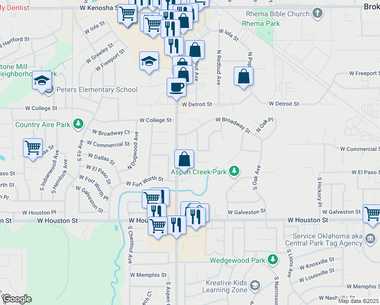 map of restaurants, bars, coffee shops, grocery stores, and more near 302 South Sycamore Place in Broken Arrow