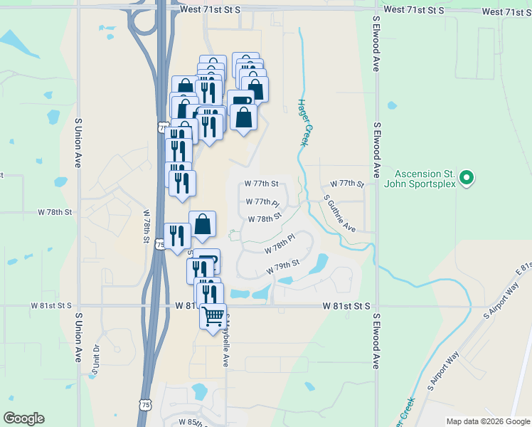 map of restaurants, bars, coffee shops, grocery stores, and more near 655 West 78th Street in Tulsa