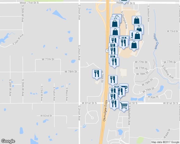 map of restaurants, bars, coffee shops, grocery stores, and more near 7805 South Union Avenue in Tulsa