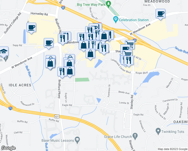 map of restaurants, bars, coffee shops, grocery stores, and more near 5404 Strasburg Court in Greensboro