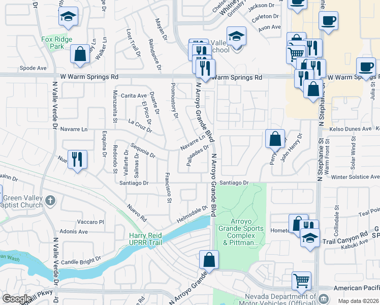 map of restaurants, bars, coffee shops, grocery stores, and more near 325 Palisades Drive in Henderson