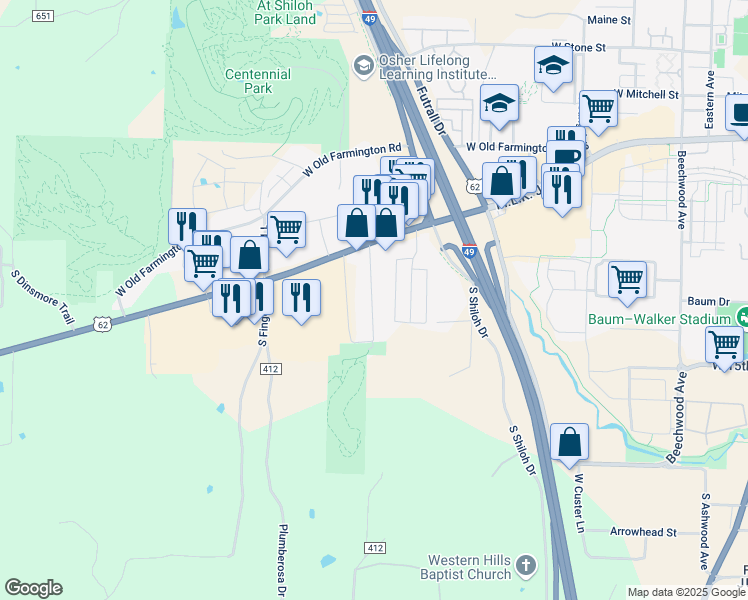 map of restaurants, bars, coffee shops, grocery stores, and more near 1289 Farmers Road in Fayetteville