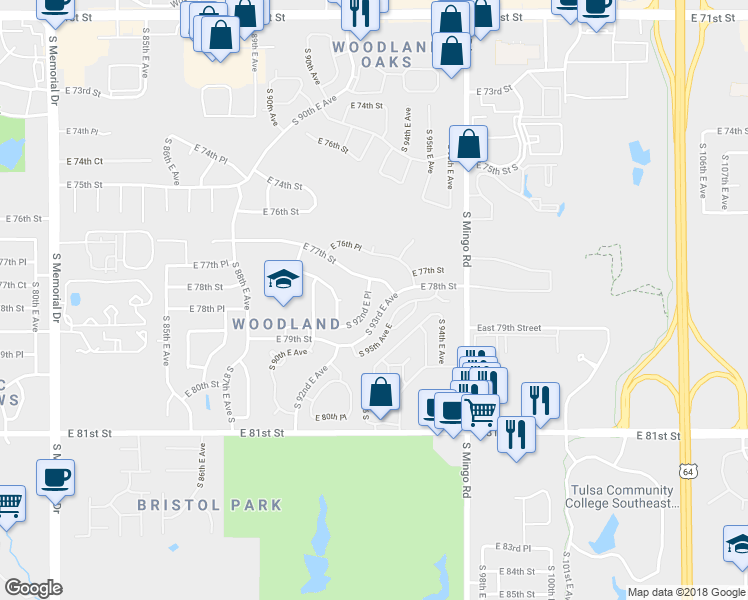 map of restaurants, bars, coffee shops, grocery stores, and more near 7715 South 92nd East Place in Tulsa