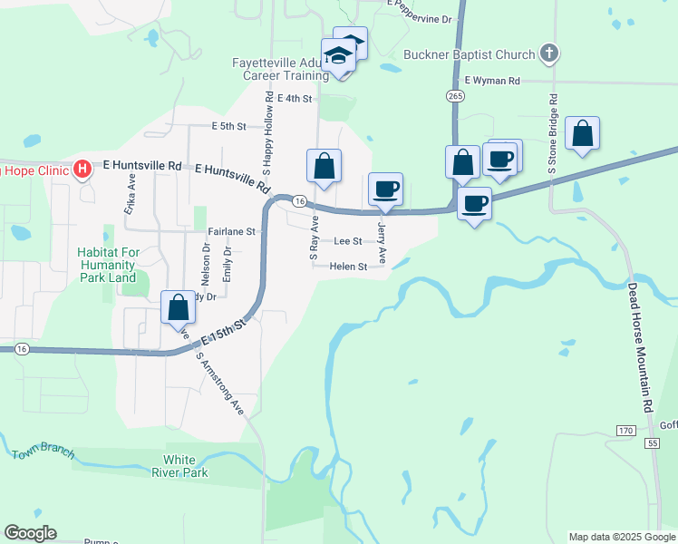 map of restaurants, bars, coffee shops, grocery stores, and more near 1941 Helen Street in Fayetteville