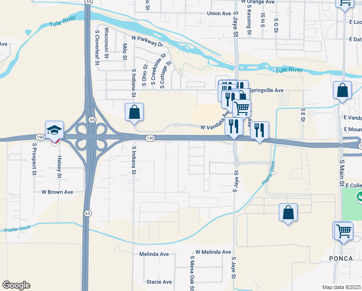 map of restaurants, bars, coffee shops, grocery stores, and more near 814 South Chess Terrace Street in Porterville
