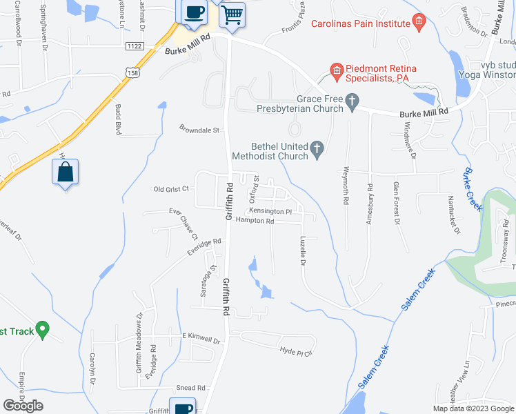 map of restaurants, bars, coffee shops, grocery stores, and more near 3239 Kensington Place in Winston-Salem