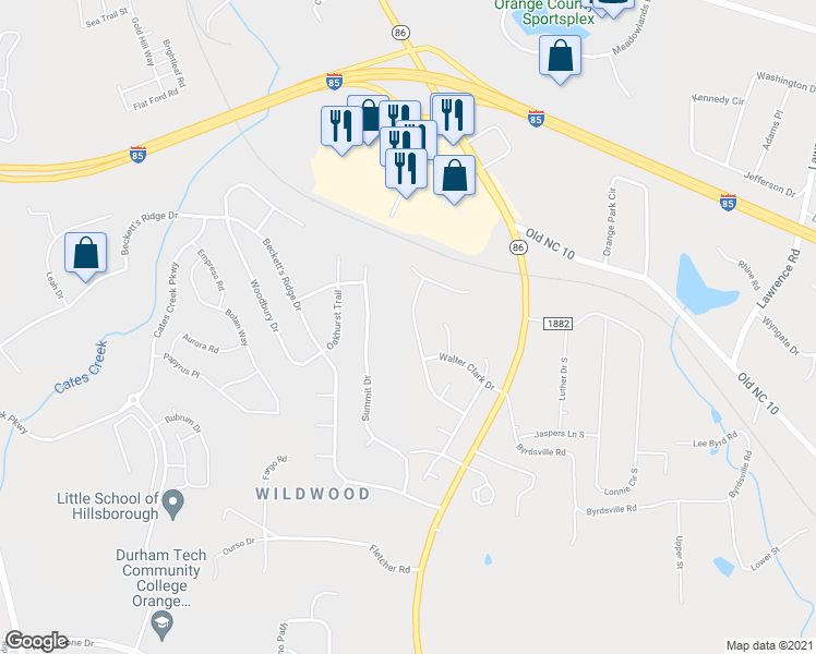 map of restaurants, bars, coffee shops, grocery stores, and more near 2311 George Anderson Drive in Hillsborough