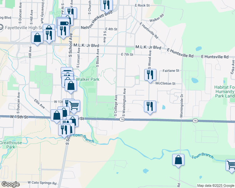 map of restaurants, bars, coffee shops, grocery stores, and more near 1180 South College Avenue in Fayetteville