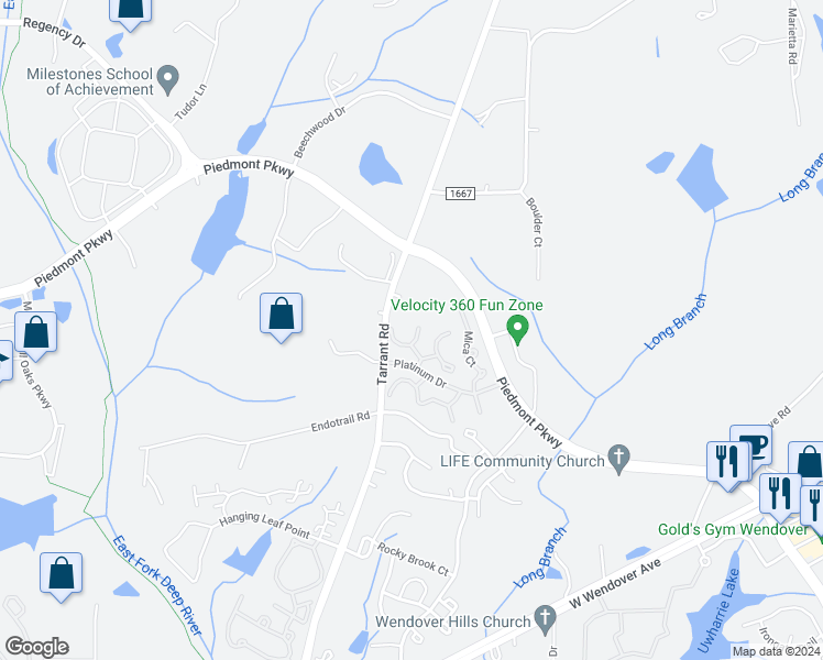 map of restaurants, bars, coffee shops, grocery stores, and more near 4413 Feldspar Court in Greensboro