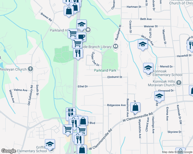 map of restaurants, bars, coffee shops, grocery stores, and more near 103 Finley Circle in Winston-Salem