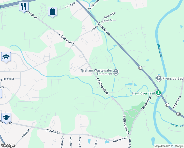 map of restaurants, bars, coffee shops, grocery stores, and more near 1115 East Gilbreath Street in Graham