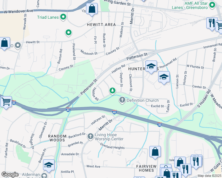 map of restaurants, bars, coffee shops, grocery stores, and more near 1313 Echo Street in Greensboro