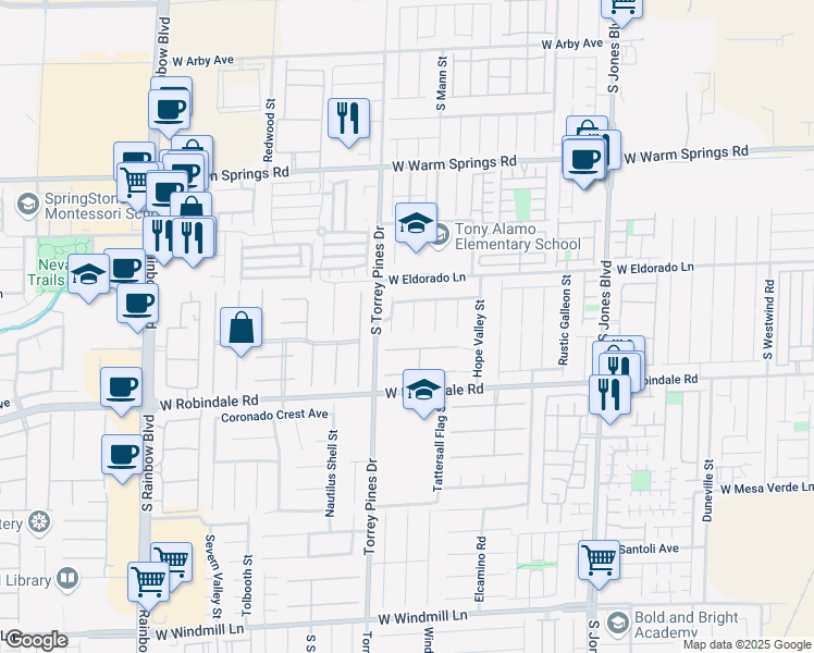 map of restaurants, bars, coffee shops, grocery stores, and more near 7585 Bear River Court in Las Vegas