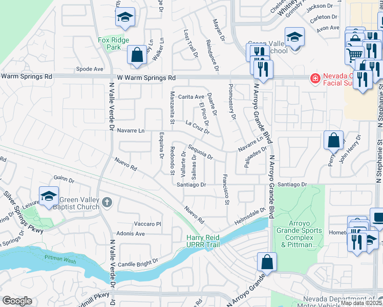 map of restaurants, bars, coffee shops, grocery stores, and more near 323 Salinas Drive in Henderson