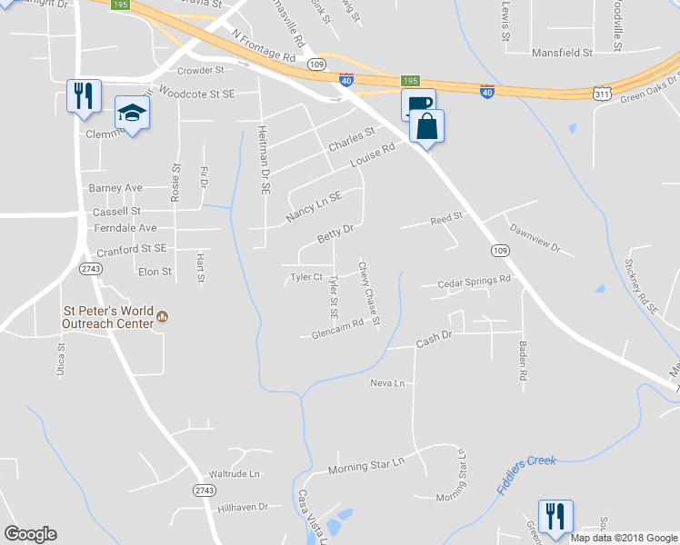 map of restaurants, bars, coffee shops, grocery stores, and more near 3516 Tyler Drive in Winston-Salem