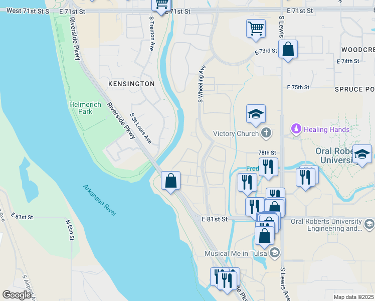 map of restaurants, bars, coffee shops, grocery stores, and more near 7901 Riverside Drive in Tulsa