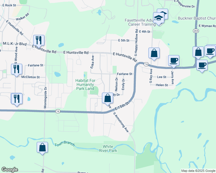 map of restaurants, bars, coffee shops, grocery stores, and more near 1137 South Sherman Avenue in Fayetteville