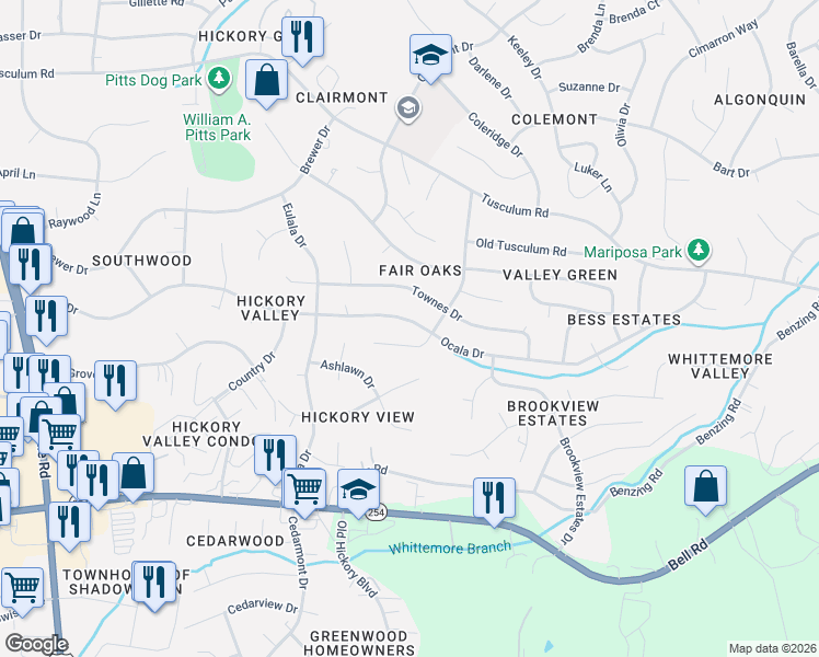 map of restaurants, bars, coffee shops, grocery stores, and more near 249 Ocala Drive in Nashville