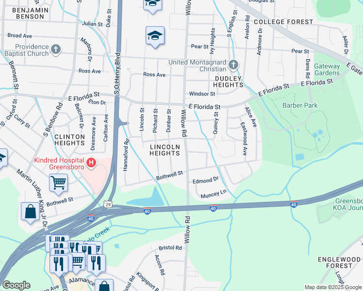 map of restaurants, bars, coffee shops, grocery stores, and more near 1625 Willow Road in Greensboro