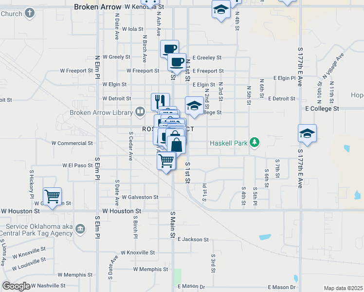 map of restaurants, bars, coffee shops, grocery stores, and more near 220 South 1st Street in Broken Arrow