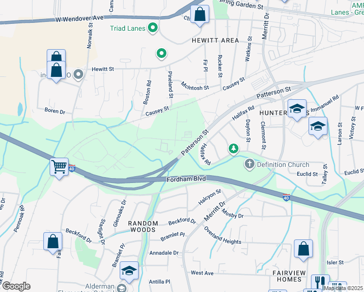 map of restaurants, bars, coffee shops, grocery stores, and more near 3823 Patterson Street in Greensboro