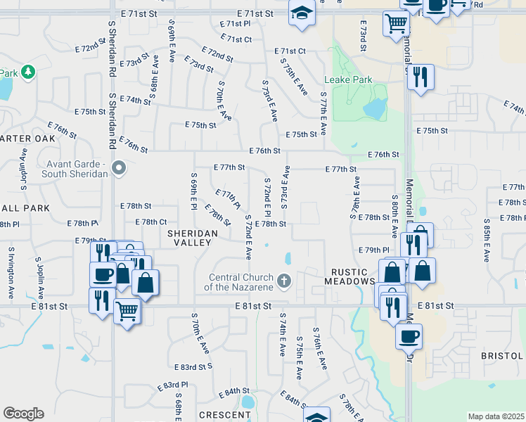 map of restaurants, bars, coffee shops, grocery stores, and more near 7742 South 72nd East Place in Tulsa