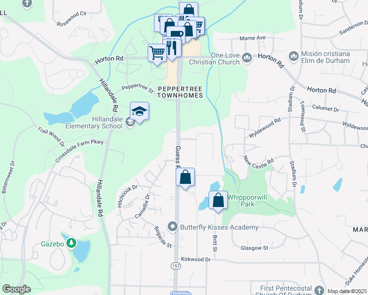 map of restaurants, bars, coffee shops, grocery stores, and more near 3714 Guess Road in Durham