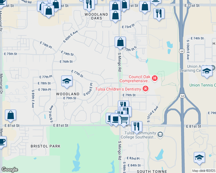 map of restaurants, bars, coffee shops, grocery stores, and more near 7828 South 95th East Avenue in Tulsa