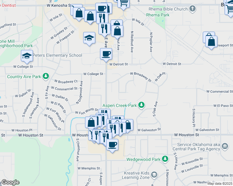 map of restaurants, bars, coffee shops, grocery stores, and more near 302 South Sycamore Place in Broken Arrow
