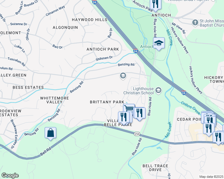 map of restaurants, bars, coffee shops, grocery stores, and more near 1152 Brittany Park Lane in Nashville