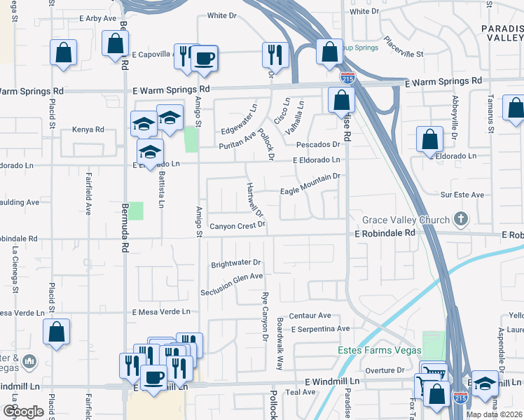 map of restaurants, bars, coffee shops, grocery stores, and more near 7630 Hartwell Drive in Las Vegas
