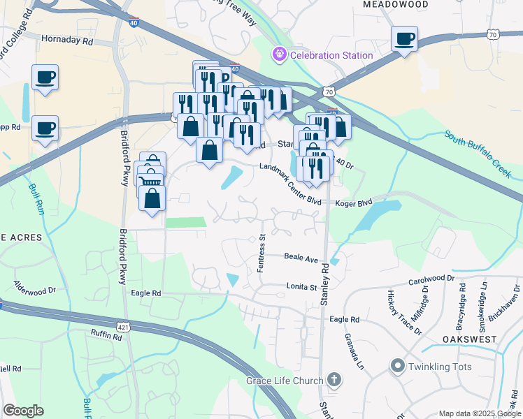map of restaurants, bars, coffee shops, grocery stores, and more near 4 Sidney Marie Court in Greensboro