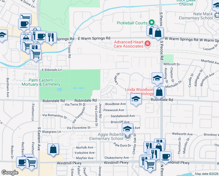 map of restaurants, bars, coffee shops, grocery stores, and more near 2755 Fountain Ridge Lane in Henderson