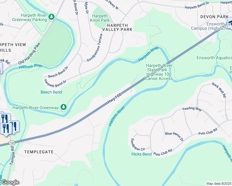map of restaurants, bars, coffee shops, grocery stores, and more near 7814 Tennessee 100 in Nashville