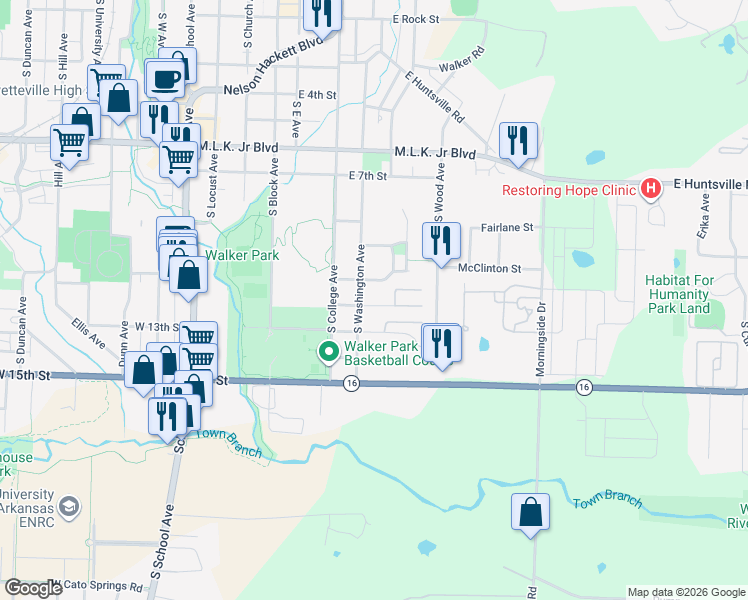 map of restaurants, bars, coffee shops, grocery stores, and more near 270 East 12th Street in Fayetteville