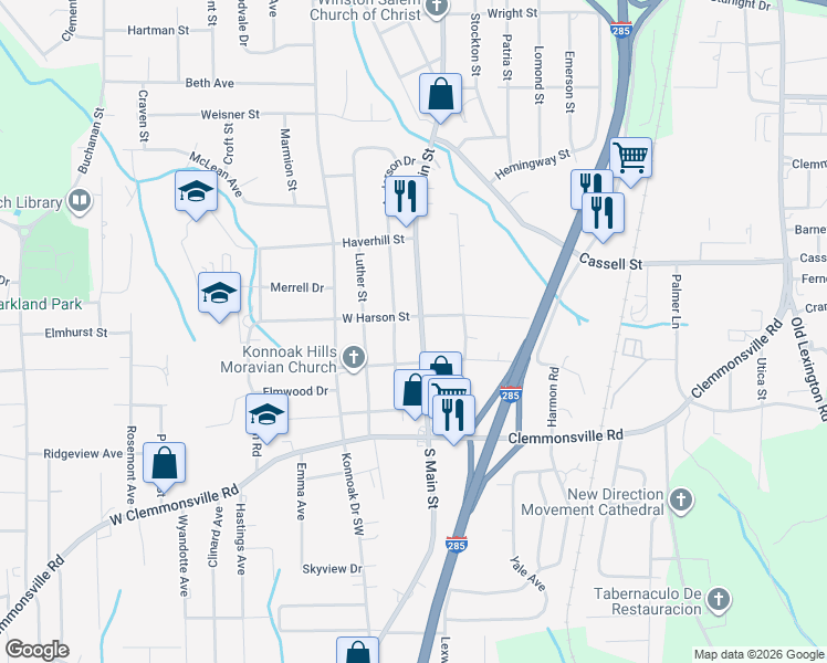 map of restaurants, bars, coffee shops, grocery stores, and more near 3310 South Main Street in Winston-Salem