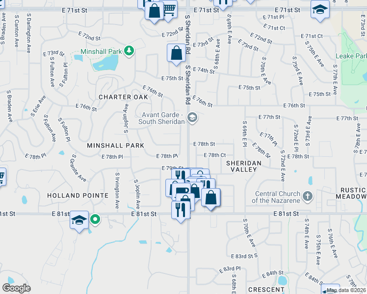 map of restaurants, bars, coffee shops, grocery stores, and more near 7805 South Oxford Avenue in Tulsa
