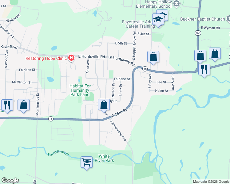map of restaurants, bars, coffee shops, grocery stores, and more near 1132 Nelson Drive in Fayetteville