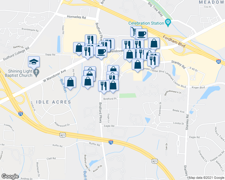 map of restaurants, bars, coffee shops, grocery stores, and more near 1315 Bridford Parkway in Greensboro